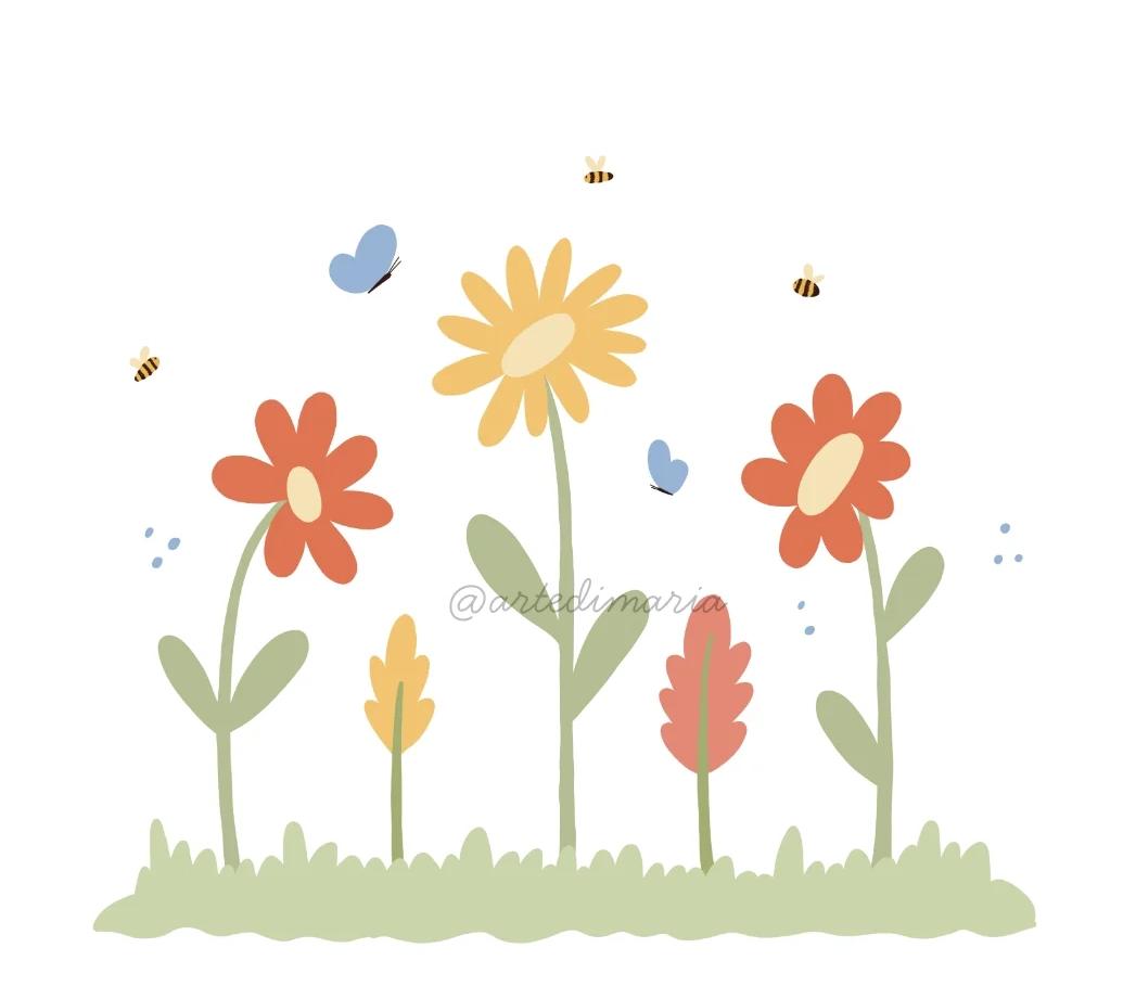 Ilustração digital de flores com abelhas e borboletas